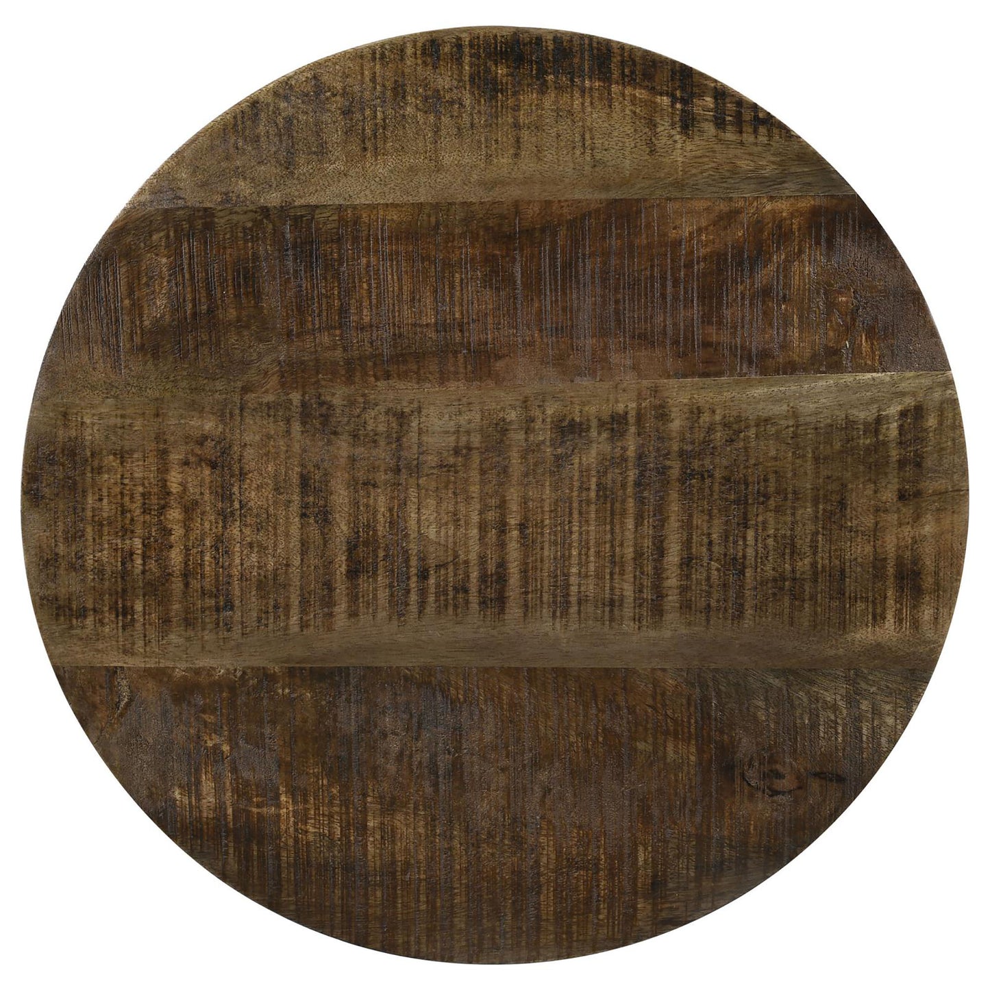 Round distressed wood tabletop with rich brown tones and prominent grain texture