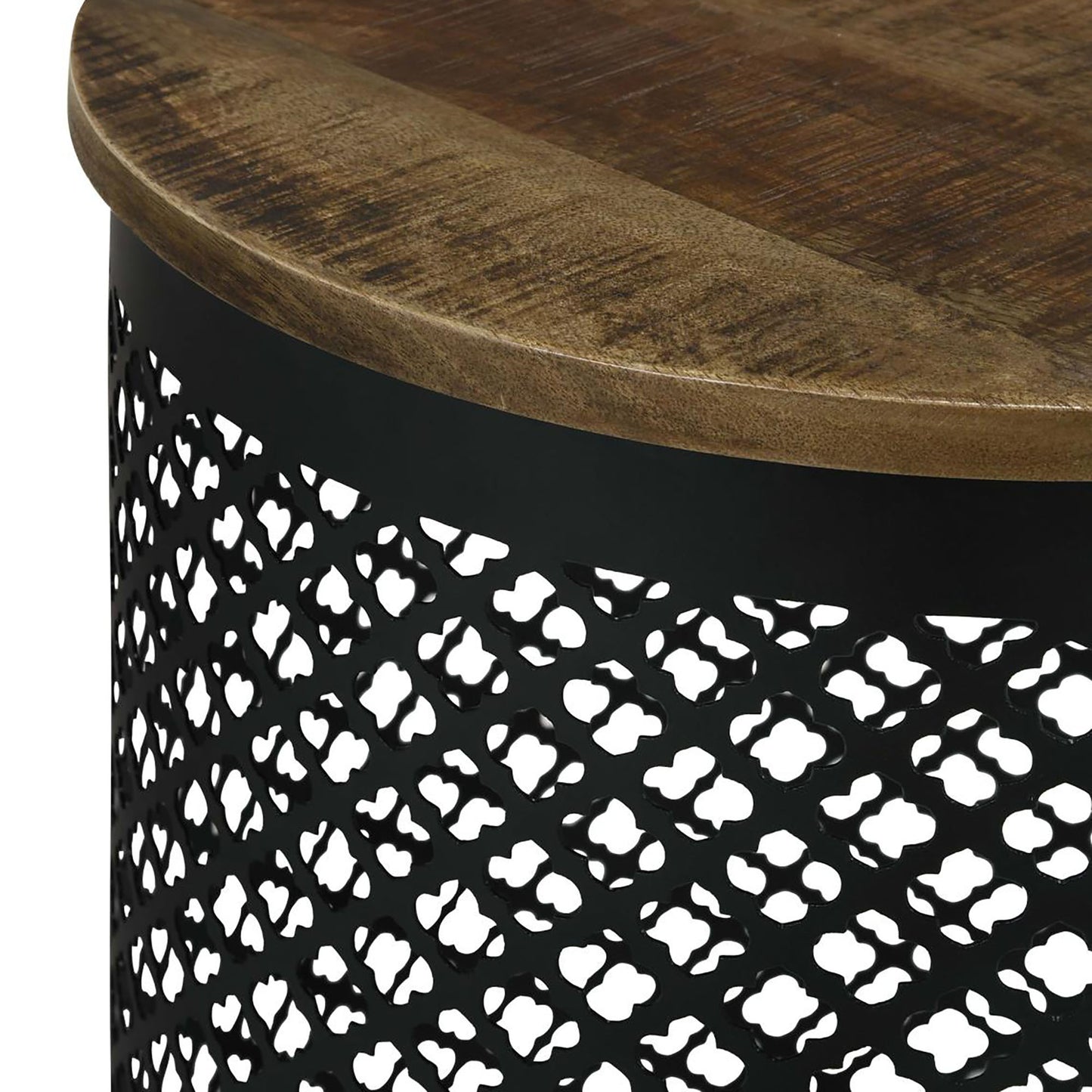 Rustic wood top side table with decorative black metal lattice base