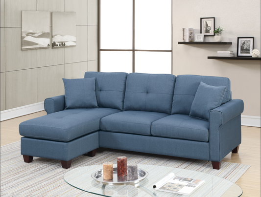 Blue upholstered sectional sofa with chaise lounge for modern living rooms