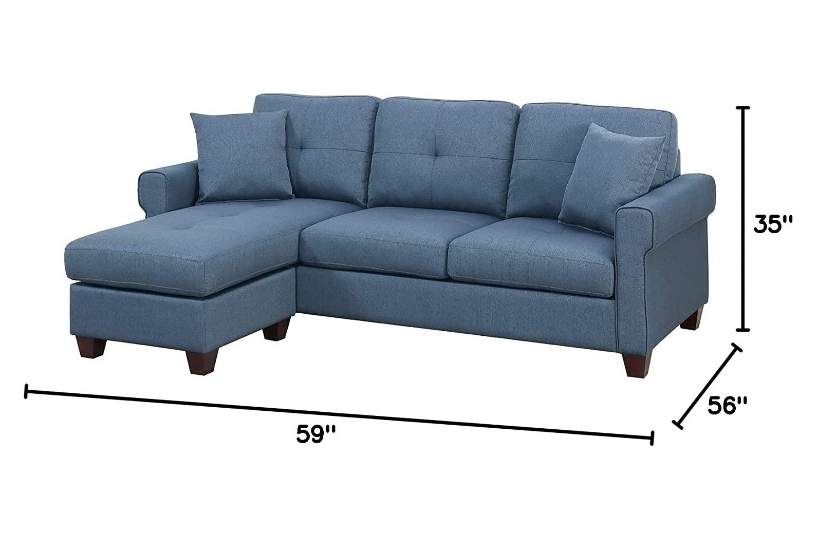 Blue fabric sectional sofa with tufted back cushions and two throw pillows