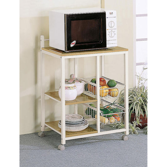 White microwave oven with digital display on a rolling kitchen cart
