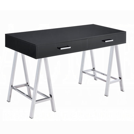 Sleek black modern desk with chrome Aframe legs and two drawers for office storage