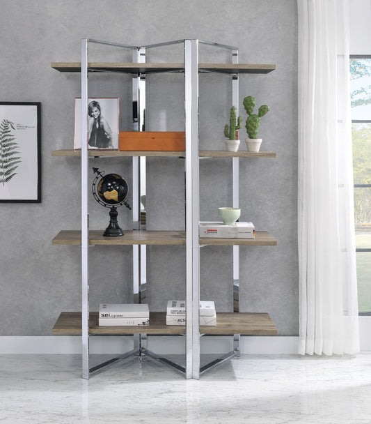 Modern chrome and wood open bookshelf with four shelves ideal for home decor