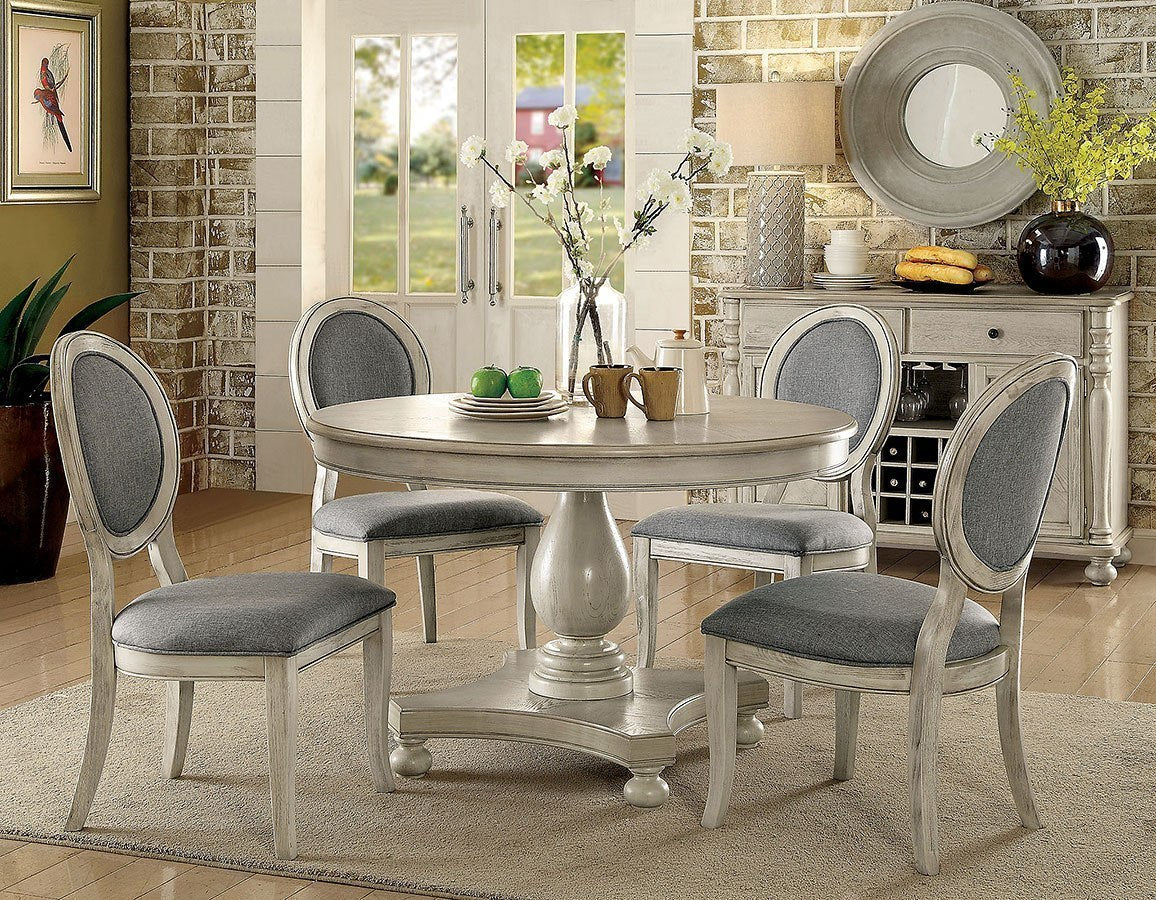 Cream dining table with upholstered grey chairs set