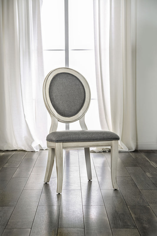 Elegant ovalback dining chair with grey upholstered seat and distressed white frame
