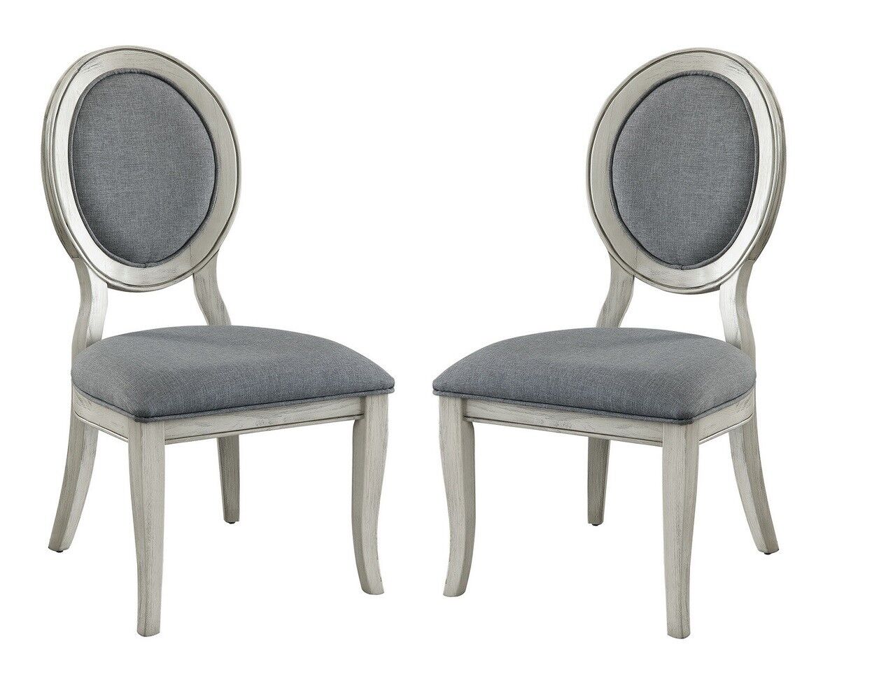 Pair of upholstered dining chairs with oval backrests and distressed white wood frames