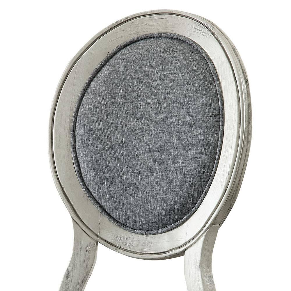 Tufted grey fabric oval back upholstered dining chair with distressed white wood frame