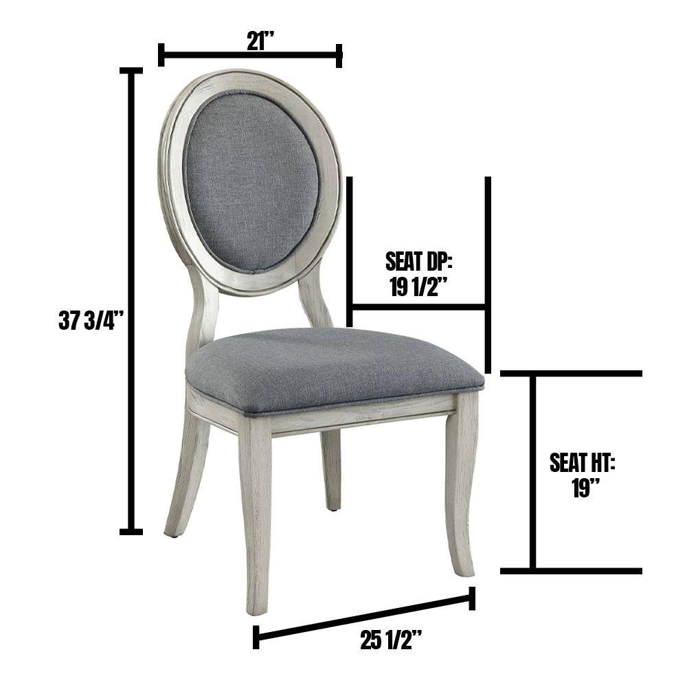 French country dining chair with upholstered grey fabric seat and back distressed white frame