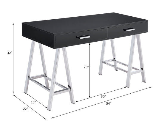 Black contemporary desk with chrome legs and two drawers