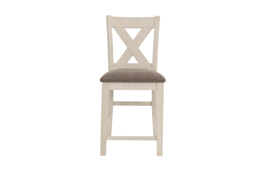 Cream crossback counter stool with textured grey upholstered seat and antique brass nailhead trim