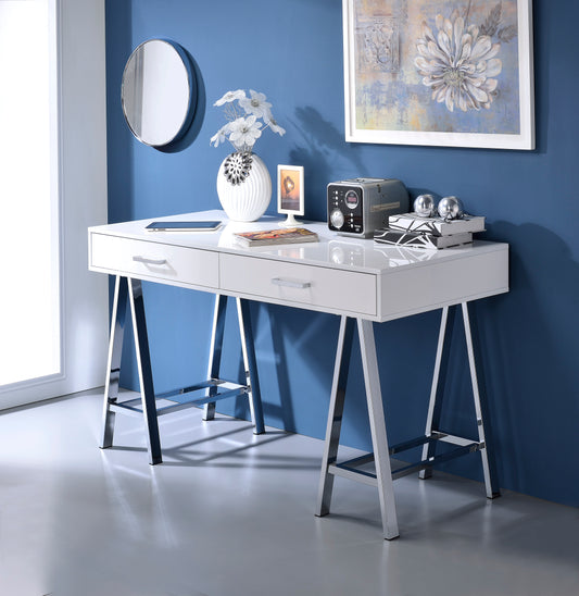 Sleek white modern desk with chrome Aframe legs two drawers and a slim tablet