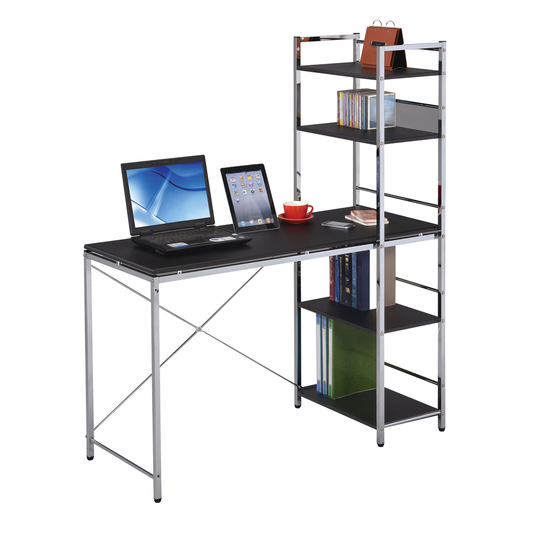 Black modern computer desk with attached shelving unit holding books and electronics