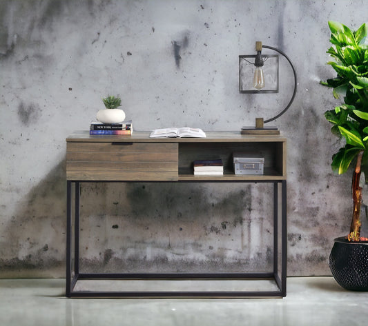 Rustic wood console table with a drawer and open shelf perfect for entryways