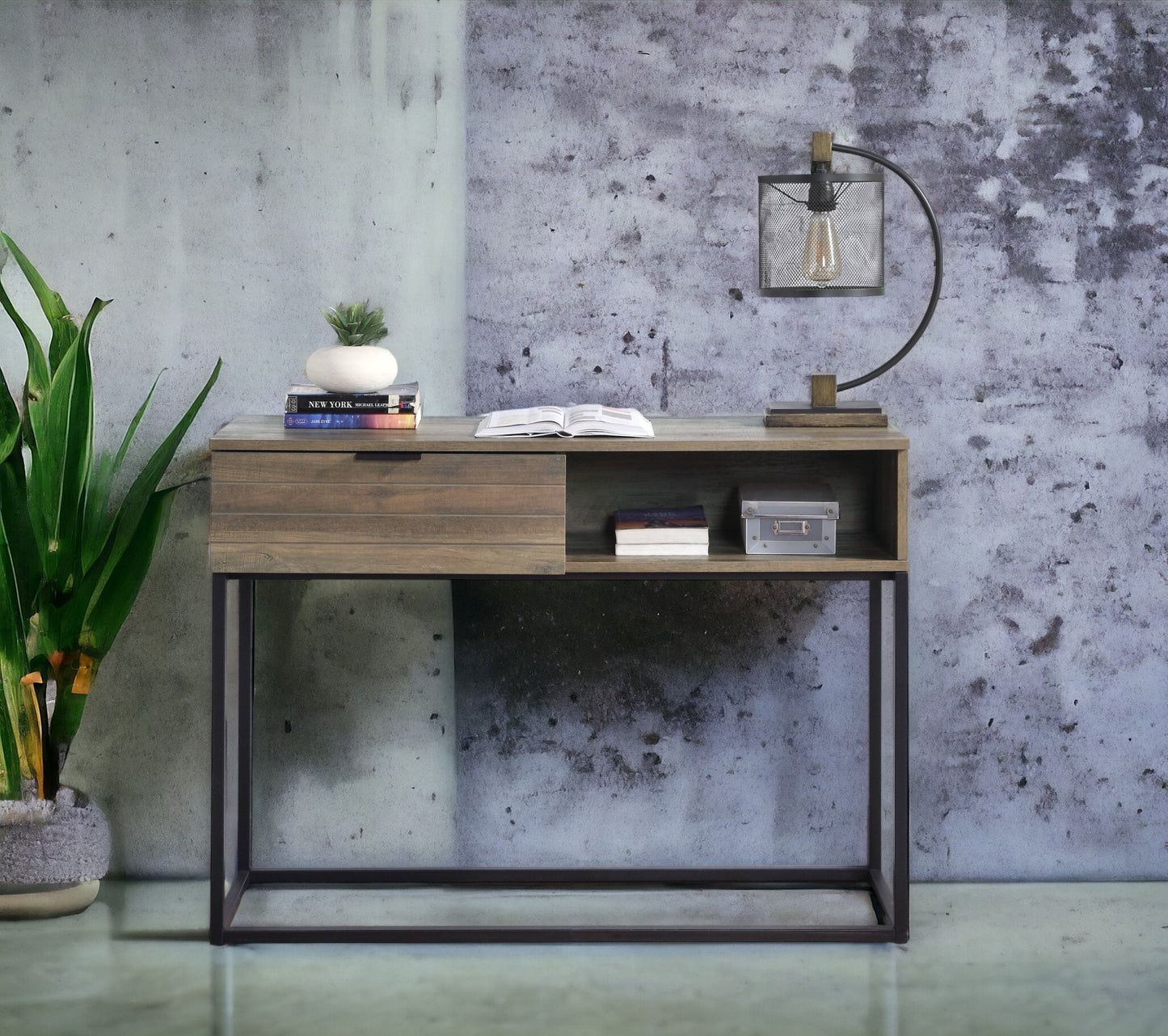 Rustic wood console table with black metal frame and single drawer