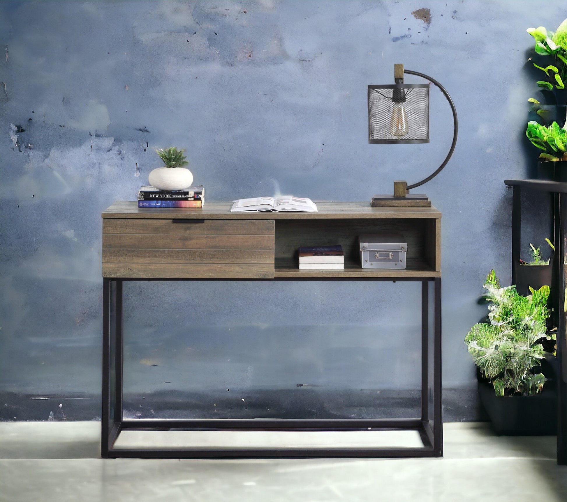 Rustic grey wood console table with black metal frame featuring drawer and open shelf