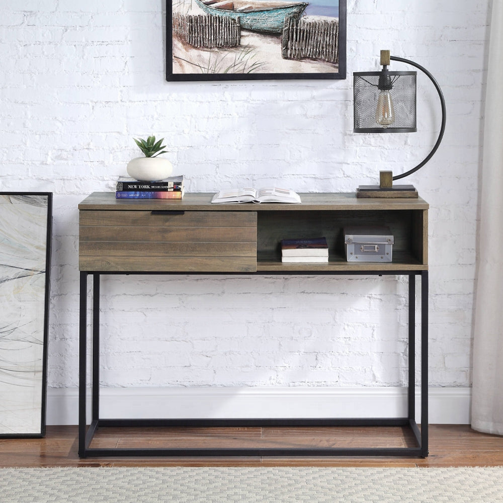 Rustic wood console table with black metal legs featuring a single drawer and open shelf