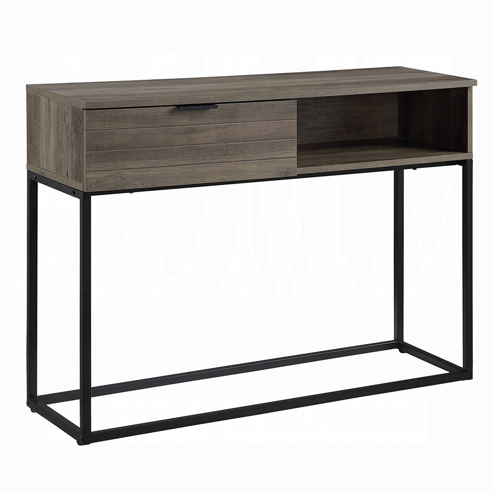 Modern grey wood console table with black metal frame and one drawer