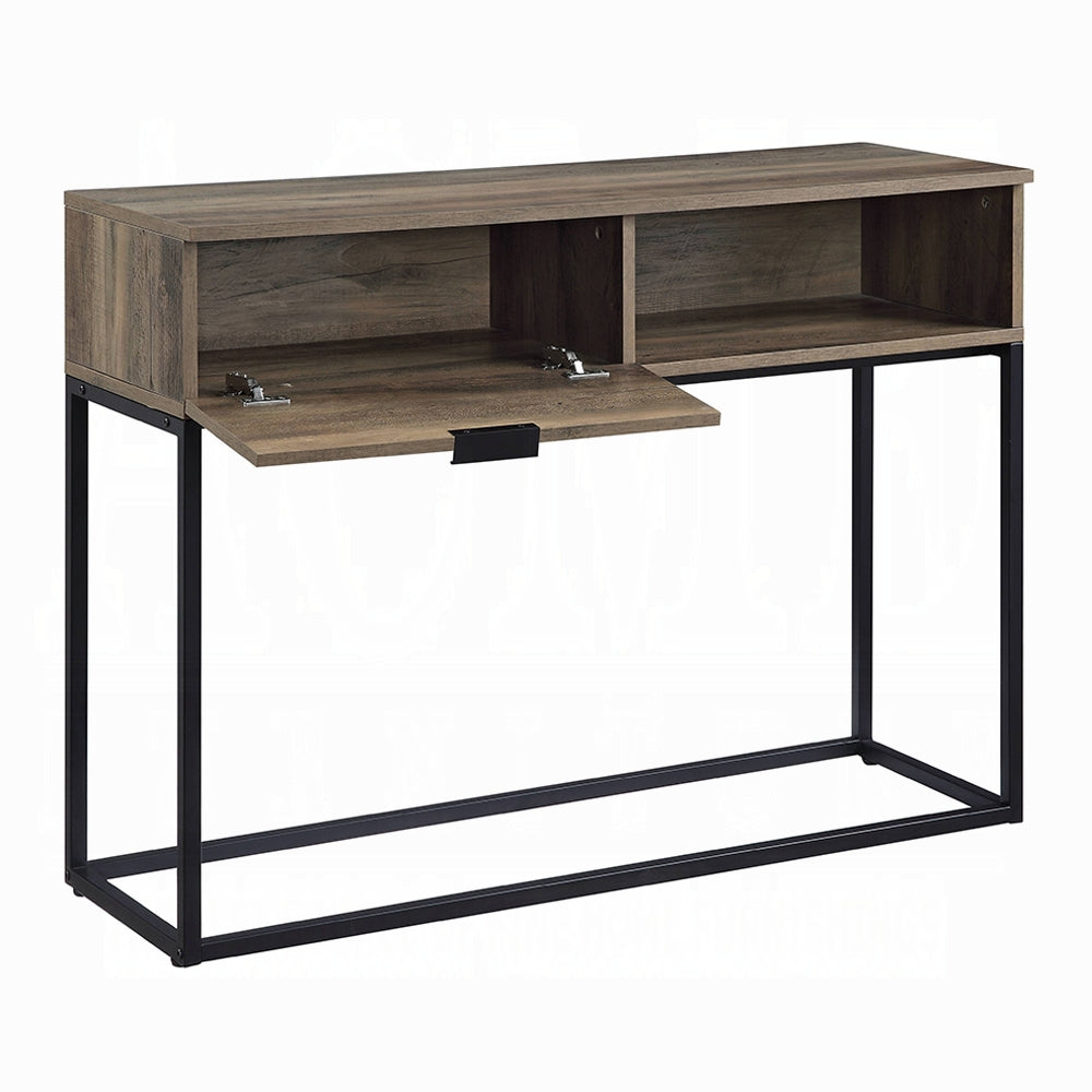 Rustic wood console table with black metal frame and open cabinet