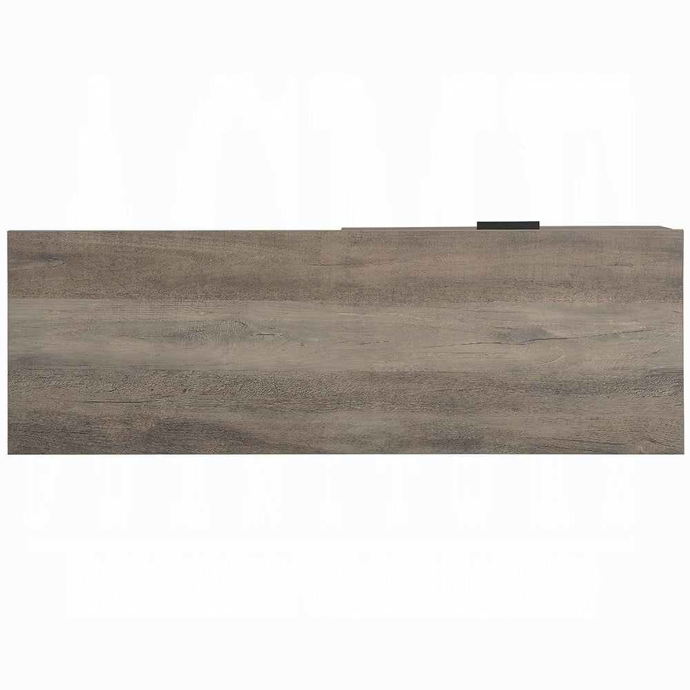 Distressed wood grain laminate top surface with a black handle on this modern entryway console