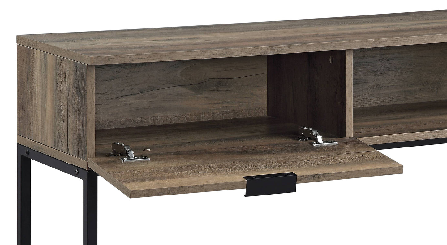 Rustic wood media console with open shelving and hinged door