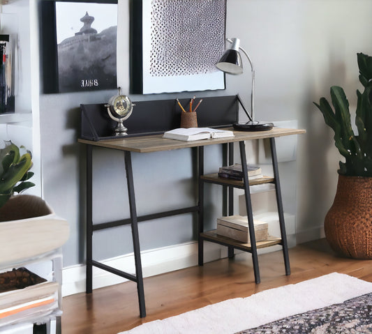 Modern industrial desk with rustic wood top and black metal frame ideal for home office