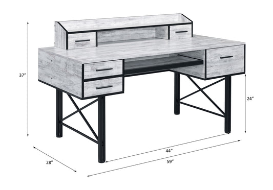 White washed wood desk with hutch  drawers and black metal legs  W