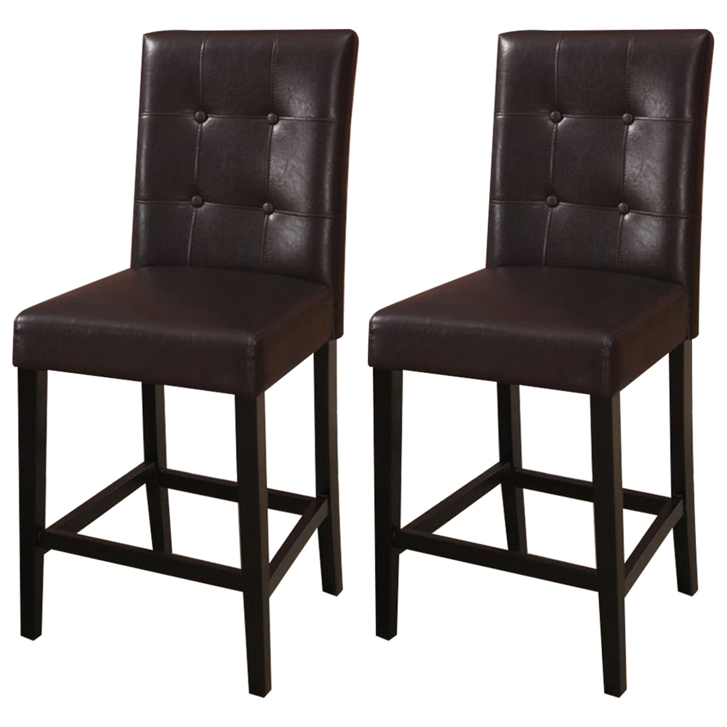 Pair of dark brown faux leather tufted back bar stools with wooden legs
