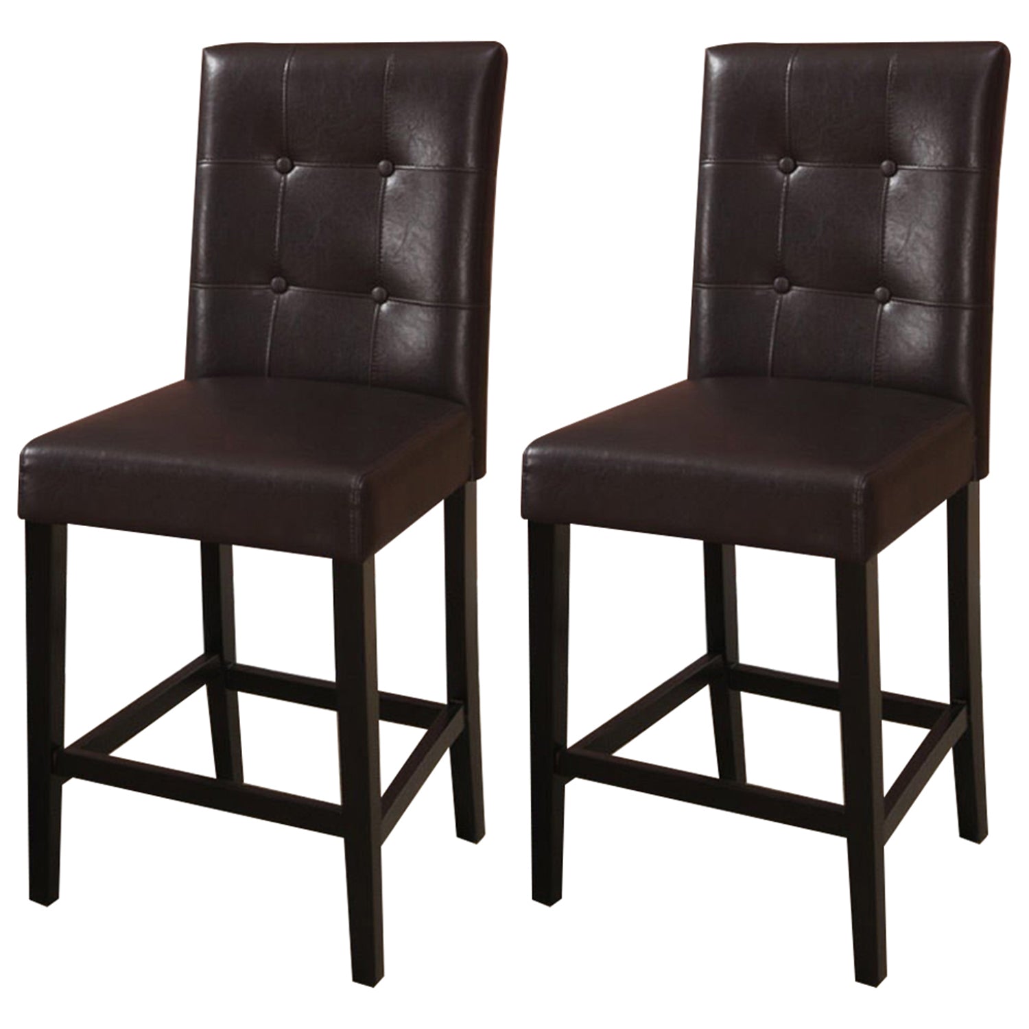 Pair of dark brown faux leather tufted back bar stools with wooden legs