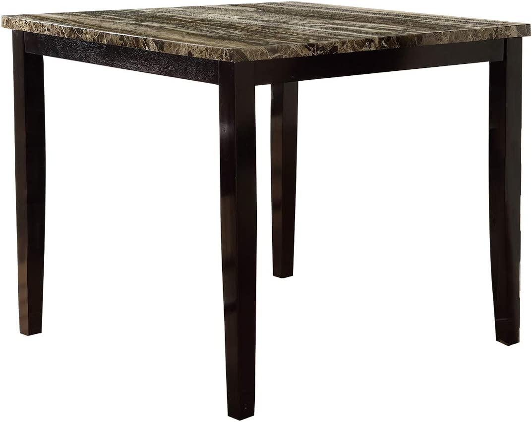 Square faux marble top dining table with dark wood legs