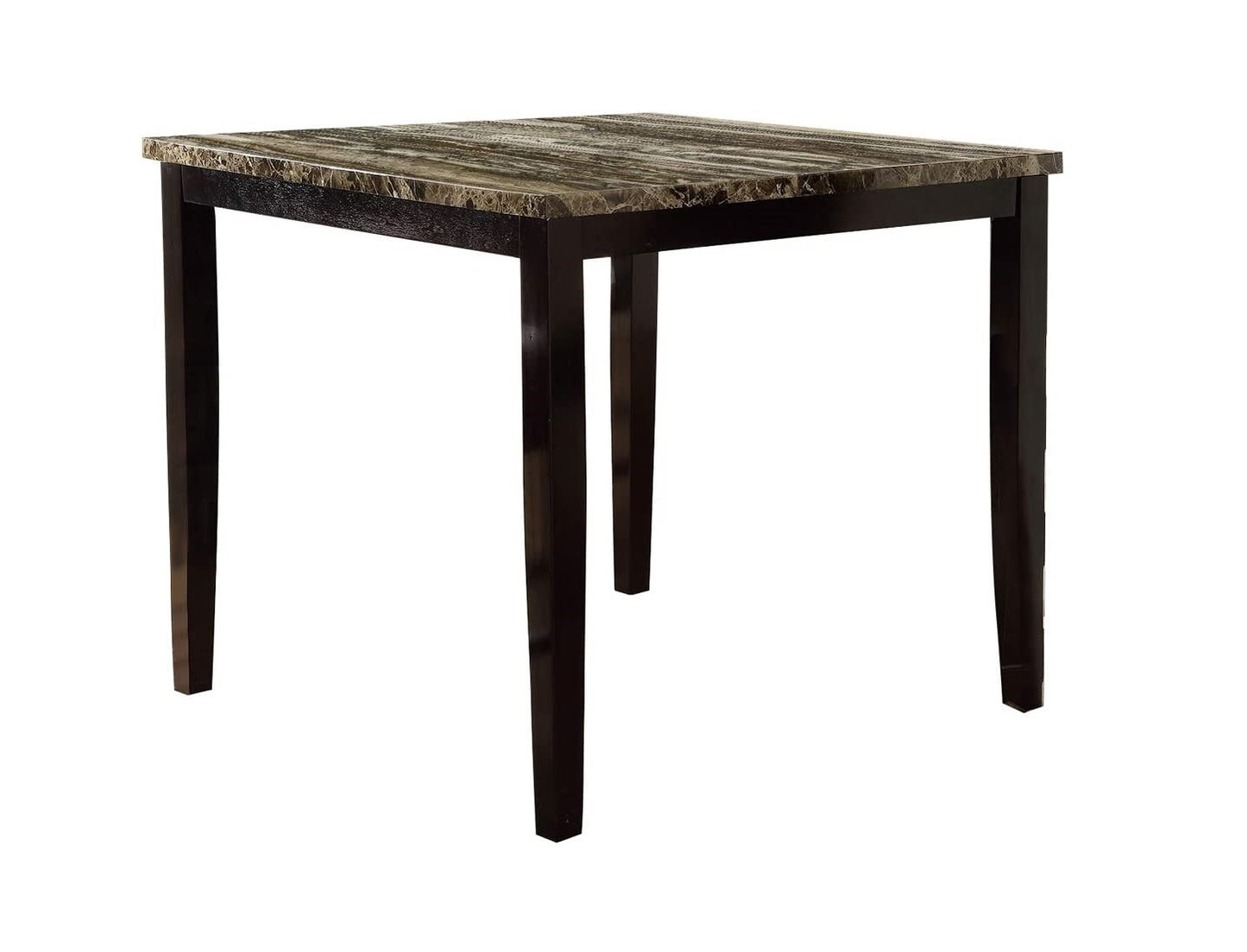 Square faux marble top dining table with dark brown legs