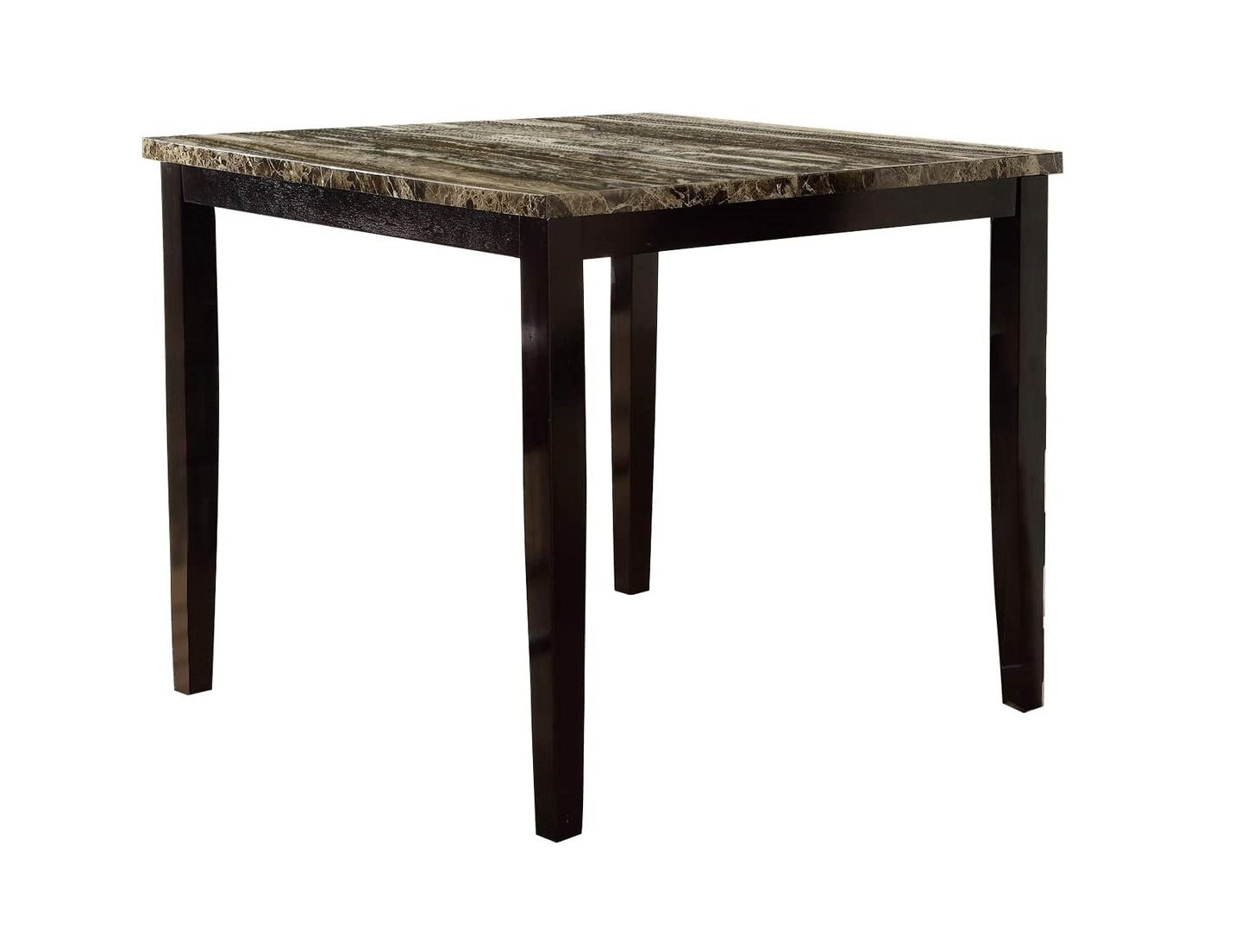 Square faux marble top dining table with dark brown legs