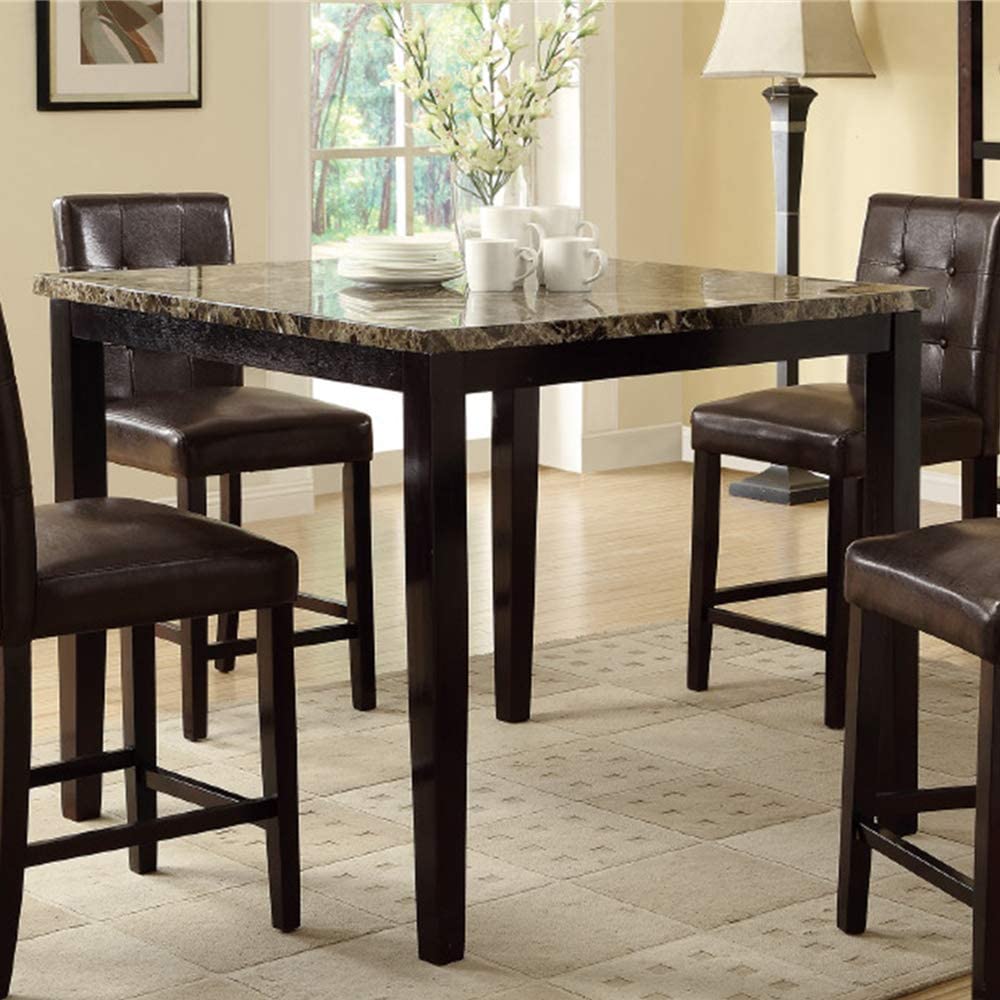 Dark brown counter height table with faux marble top and four upholstered bar stools