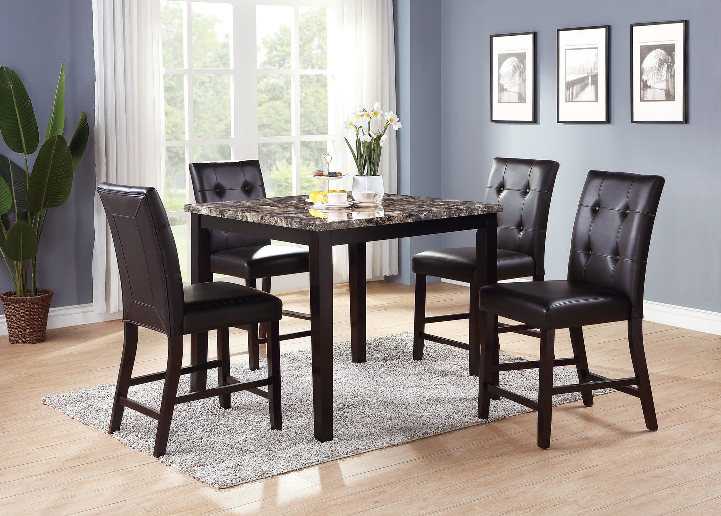 Dark brown faux leather counter height chairs with tufted backs