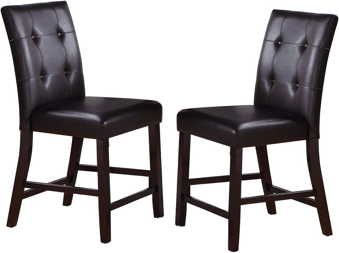 Two dark brown tufted leatherette counter stools with wooden legs
