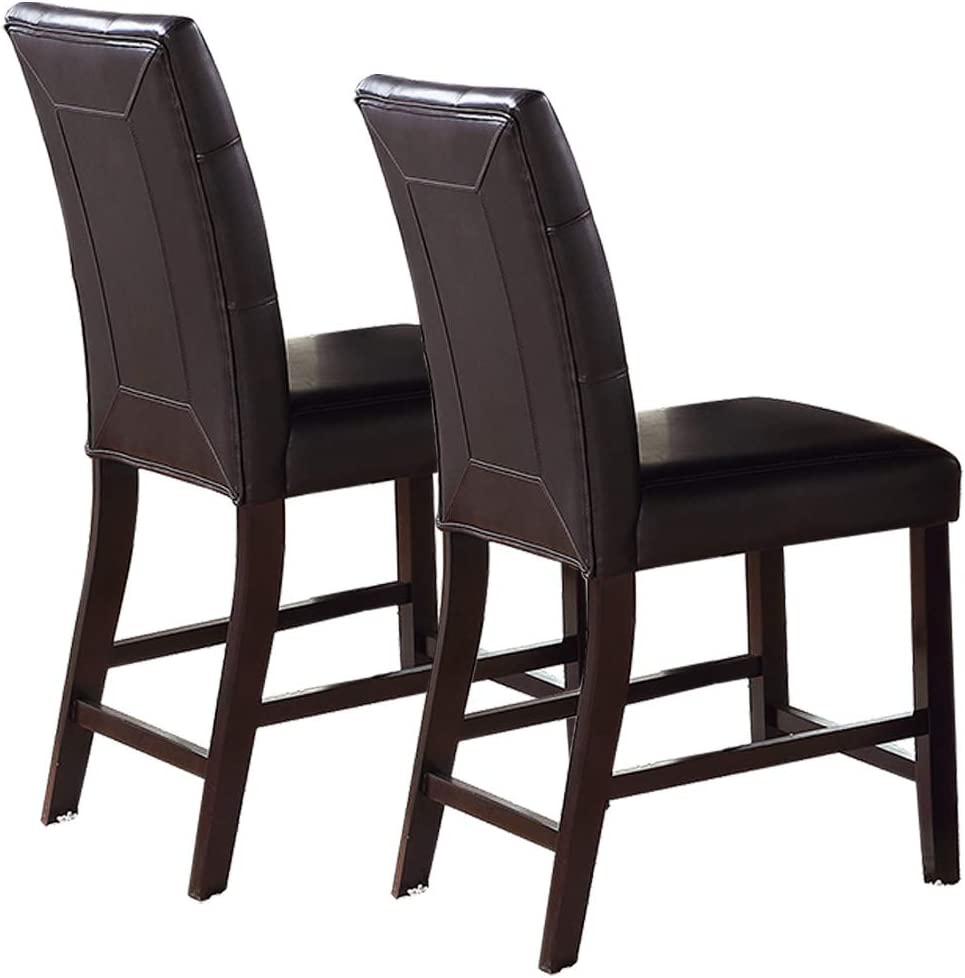 Two dark brown faux leather counter stools with padded backs and wooden legs