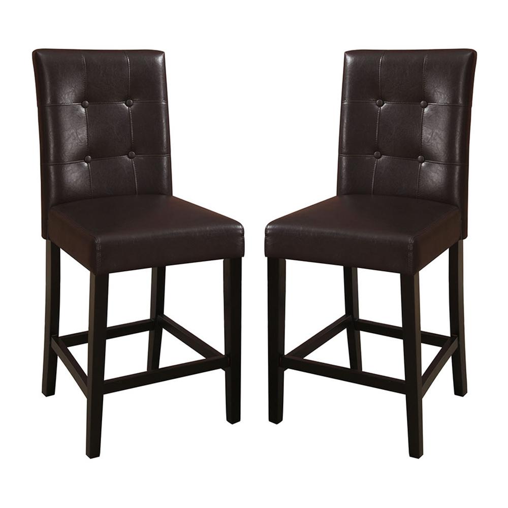 Two dark brown tufted faux leather bar stools with wooden legs