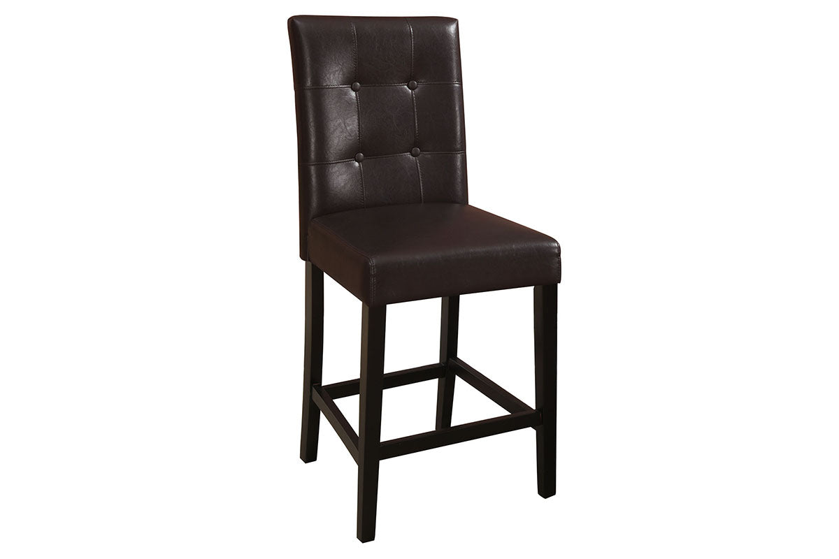 Dark brown faux leather bar stool with tufted back and wooden legs