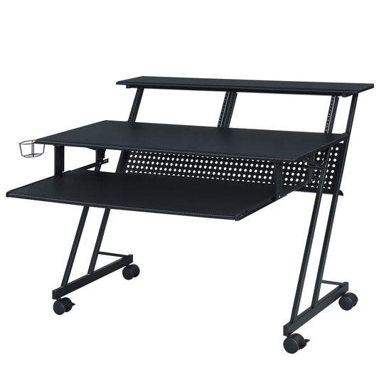 Black studio desk with tiered shelving and wheeled base for a home studio setup