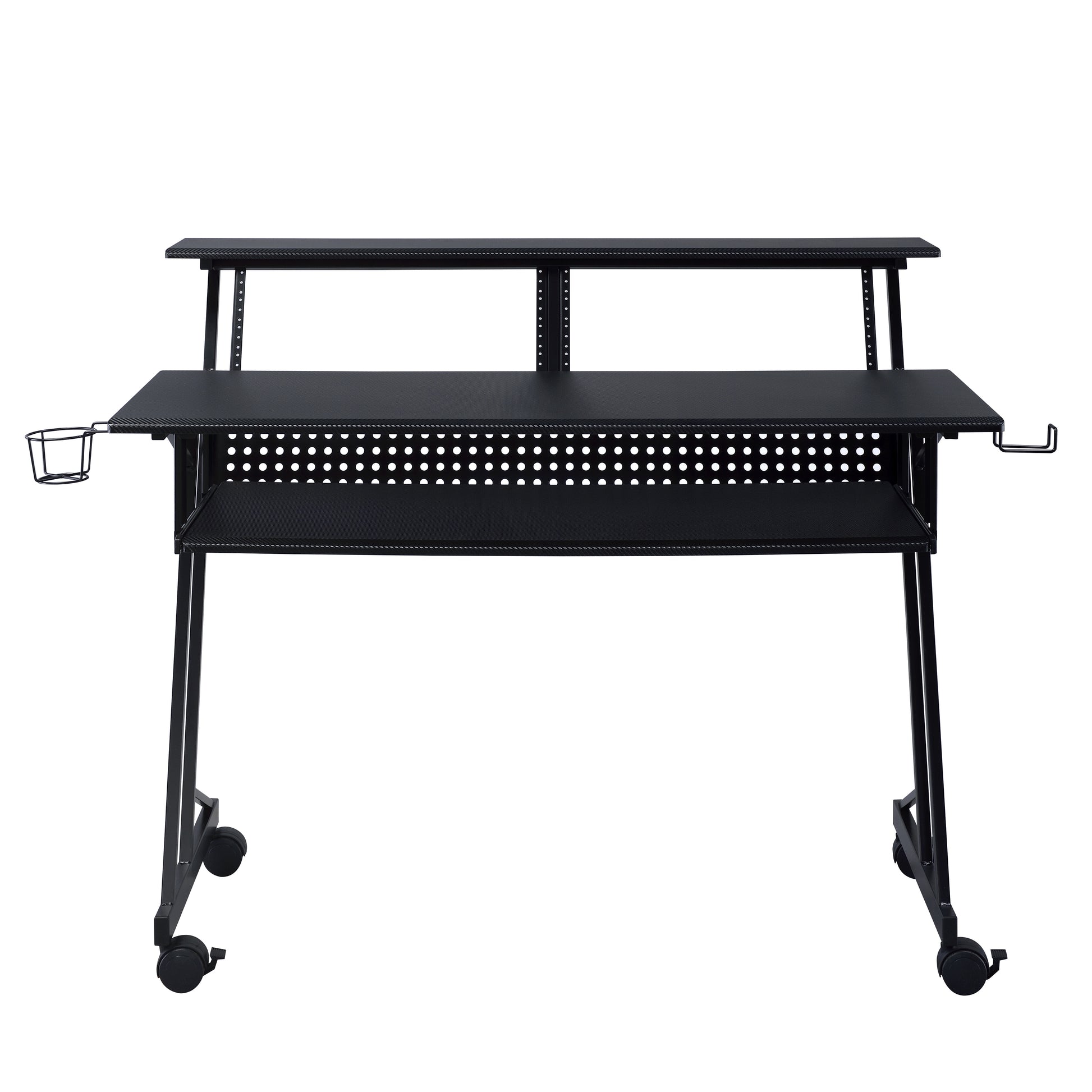 Black studio desk with tiered shelves and a headphone hook