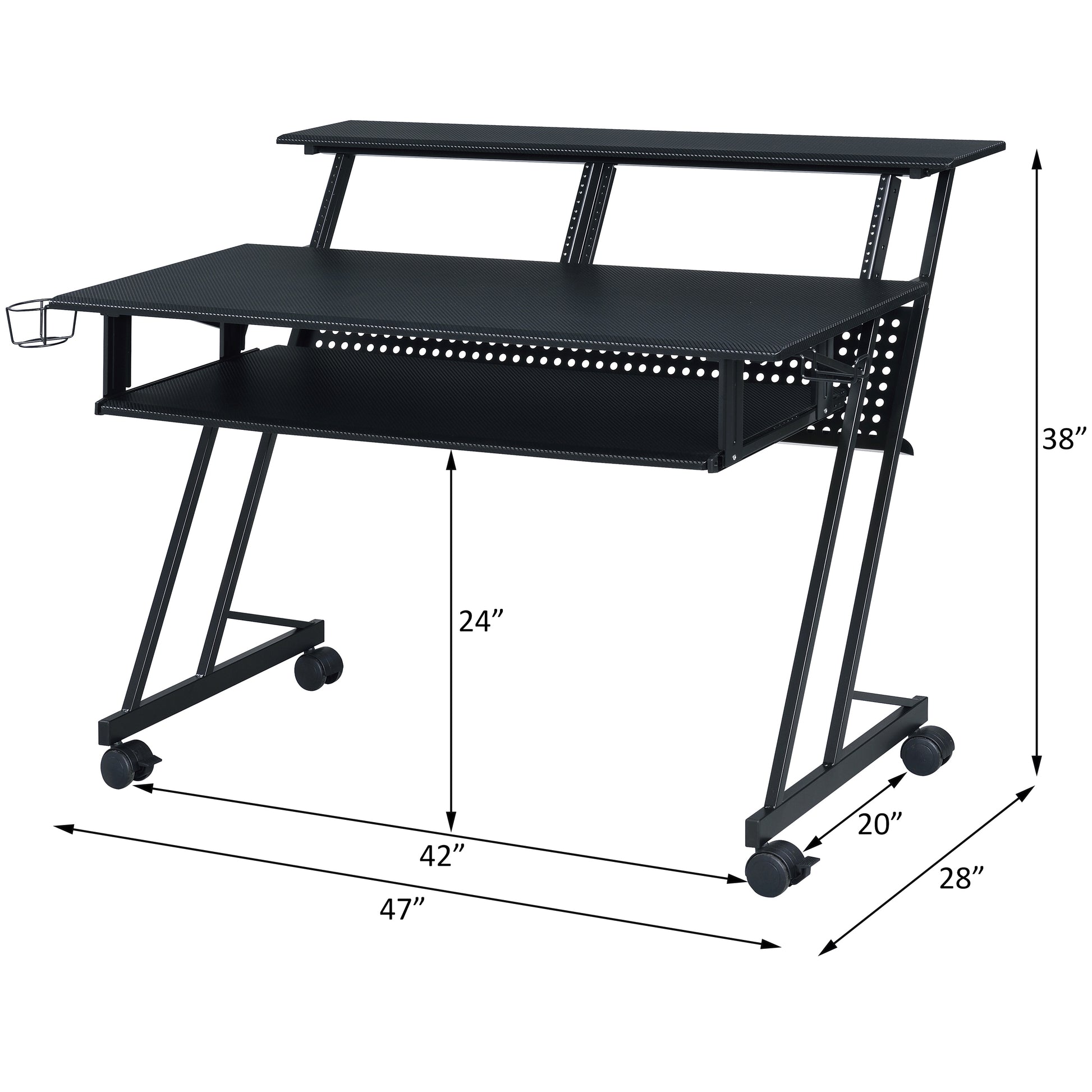 Black metal recording studio desk with tiered shelves and headphone hook