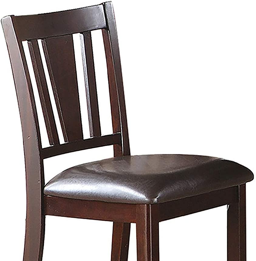 Dark wood dining chair with a padded brown leather seat and slatted back