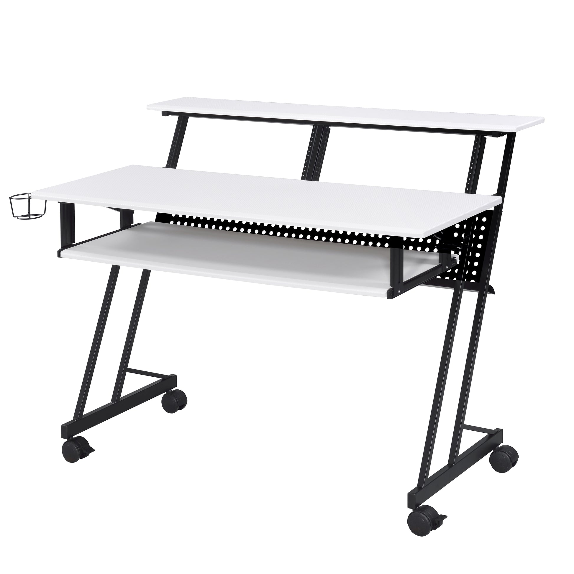 White studio desk with black metal frame two shelves and rolling casters