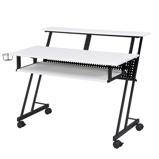 White studio desk with black metal frame two shelves and rolling casters