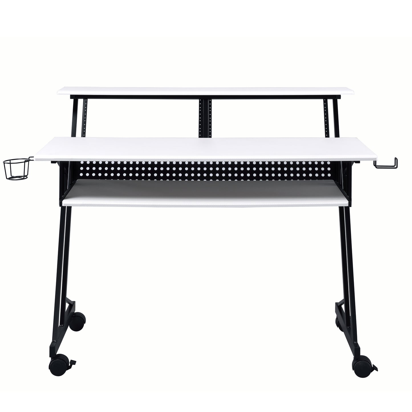 White audio console desk with two tiers black frame cup holder and wheels