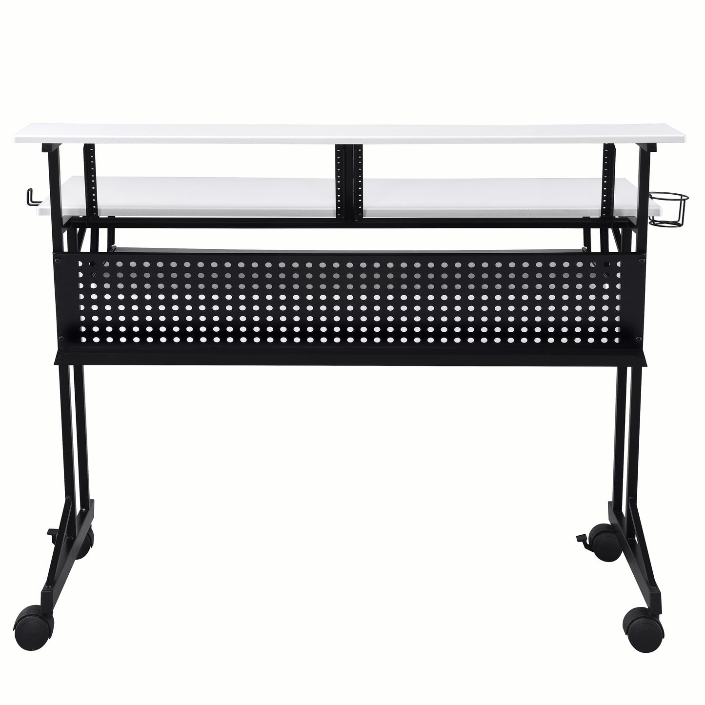 White adjustable height desk with dual shelves and black perforated storage