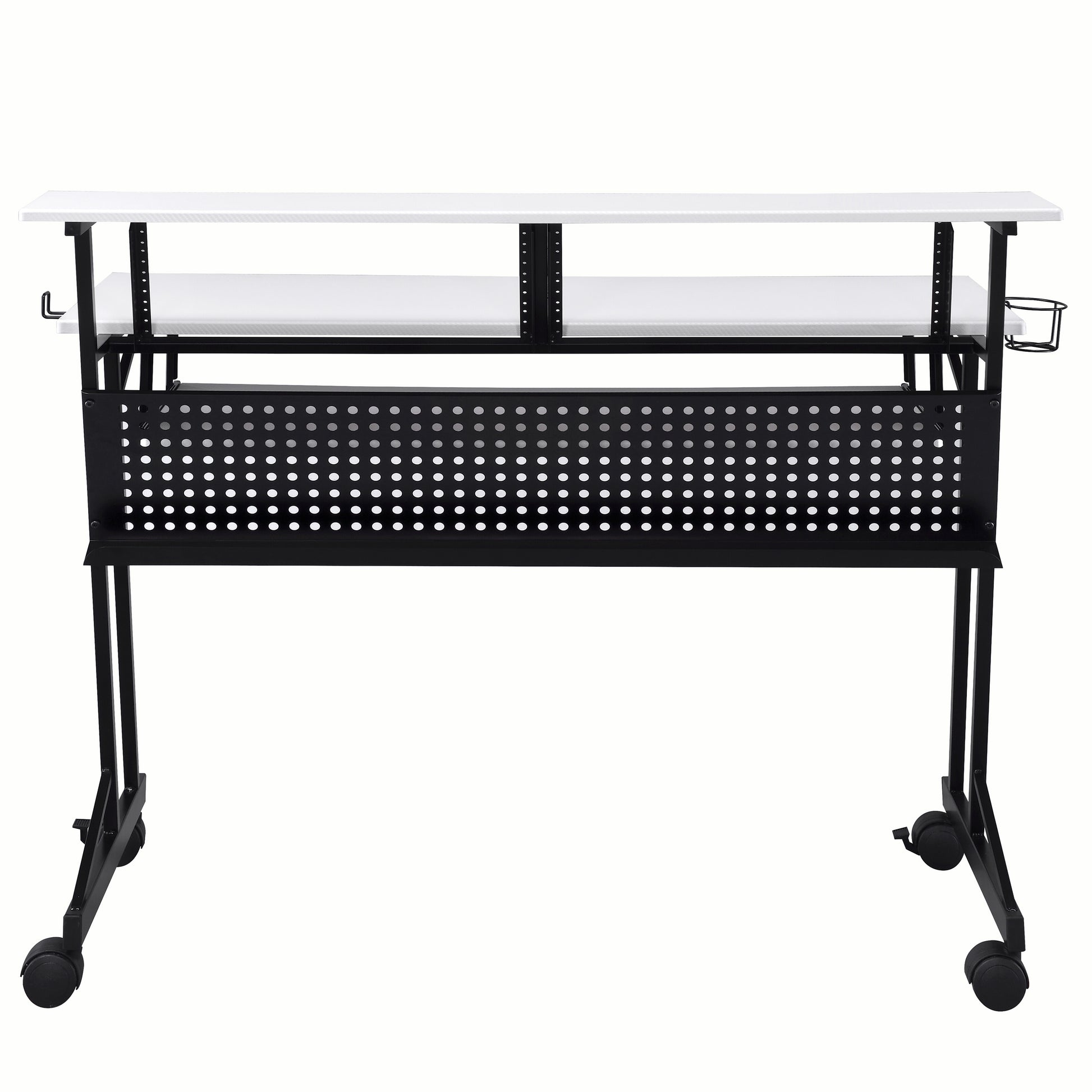 White adjustable height desk with dual shelves and black perforated storage