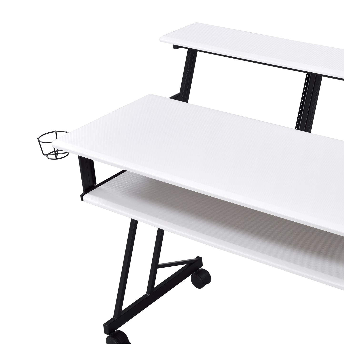 White studio desk with textured surface and two tiers featuring a black metal frame and casters