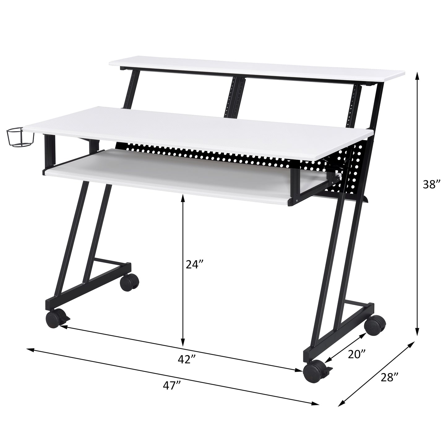 White metal computer desk with tiered shelving and a pullout keyboard tray