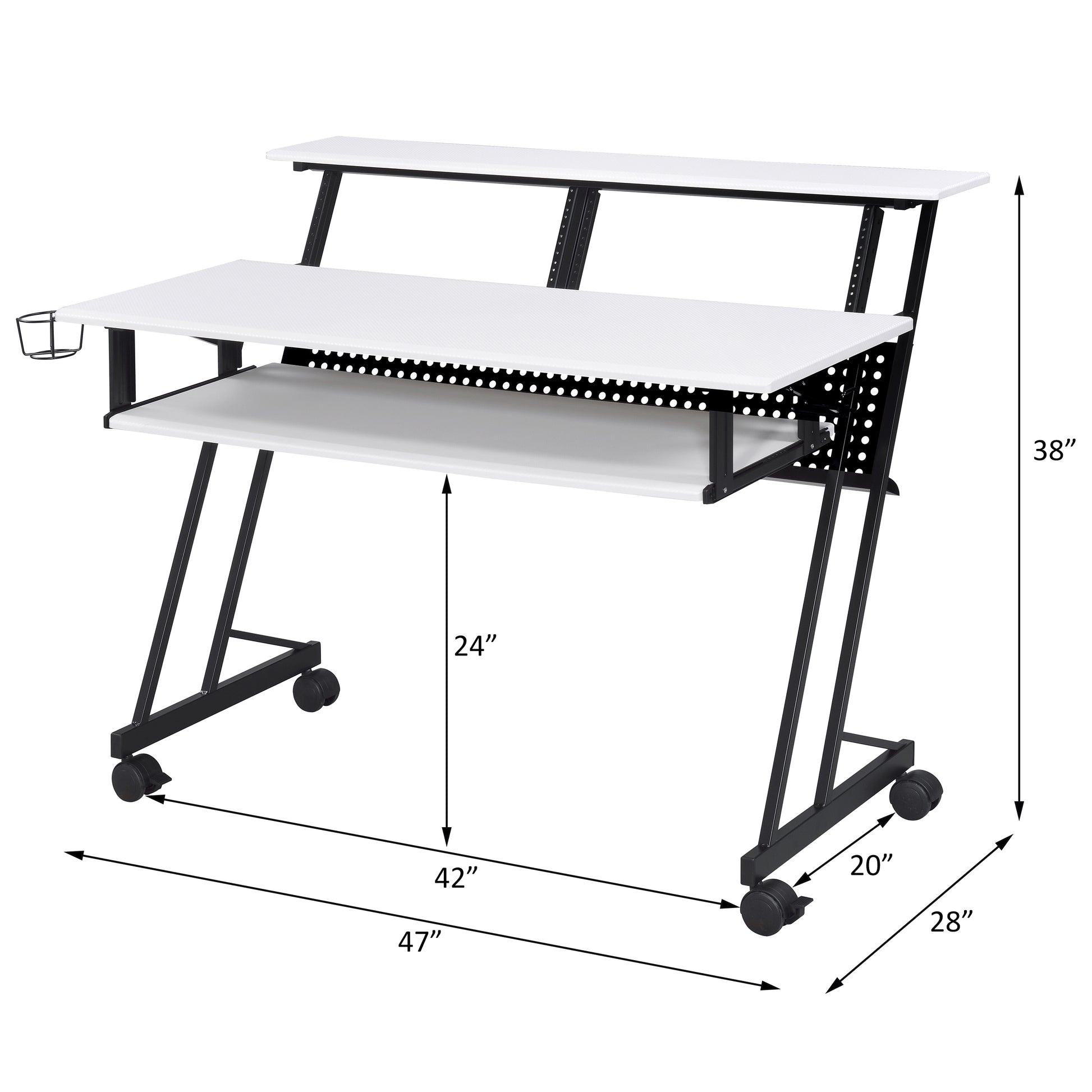 White metal computer desk with tiered shelving and a pullout keyboard tray