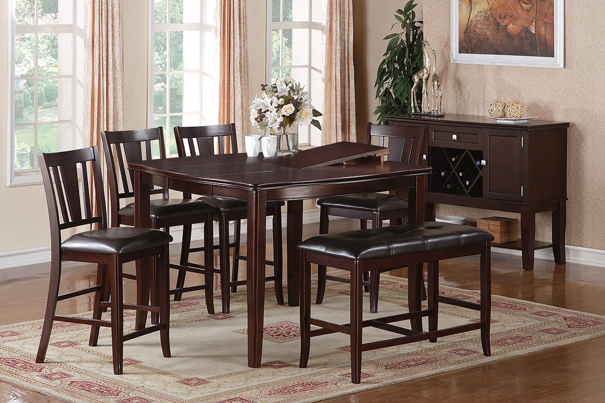 Dark wood counter height dining table with brown upholstered stools for a modern kitchen